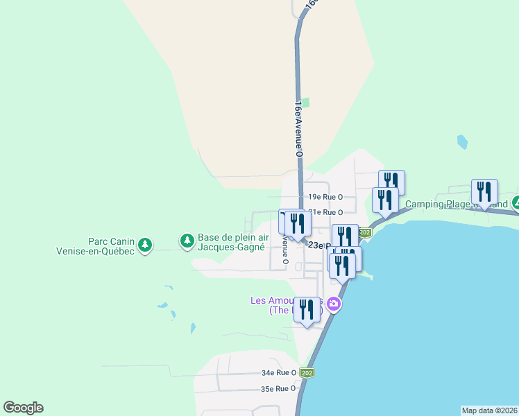 map of restaurants, bars, coffee shops, grocery stores, and more near 205 21e Rue Ouest in Venise-En-Quã©Bec