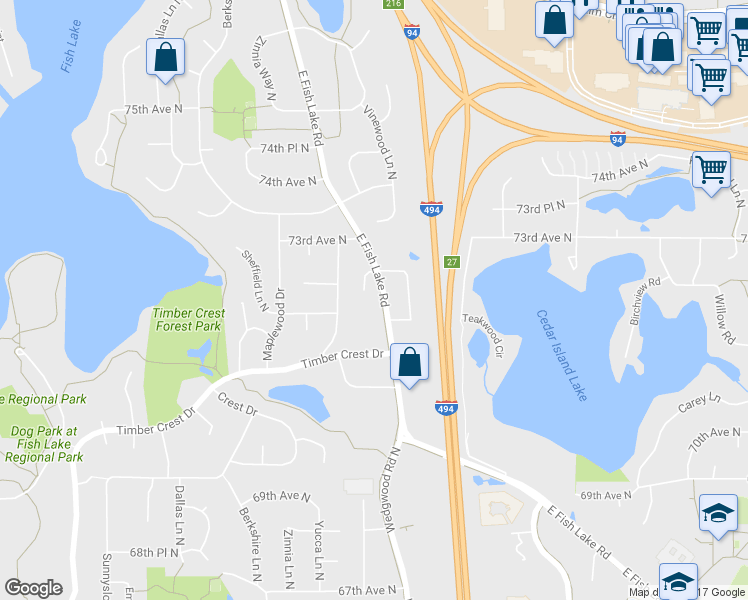 map of restaurants, bars, coffee shops, grocery stores, and more near 7214 East Fish Lake Circle in Osseo