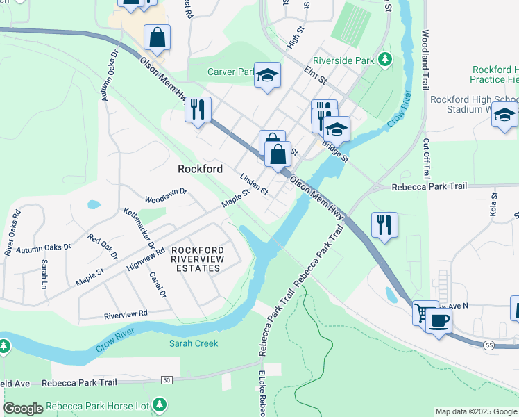 map of restaurants, bars, coffee shops, grocery stores, and more near 5721 Main Street in Rockford