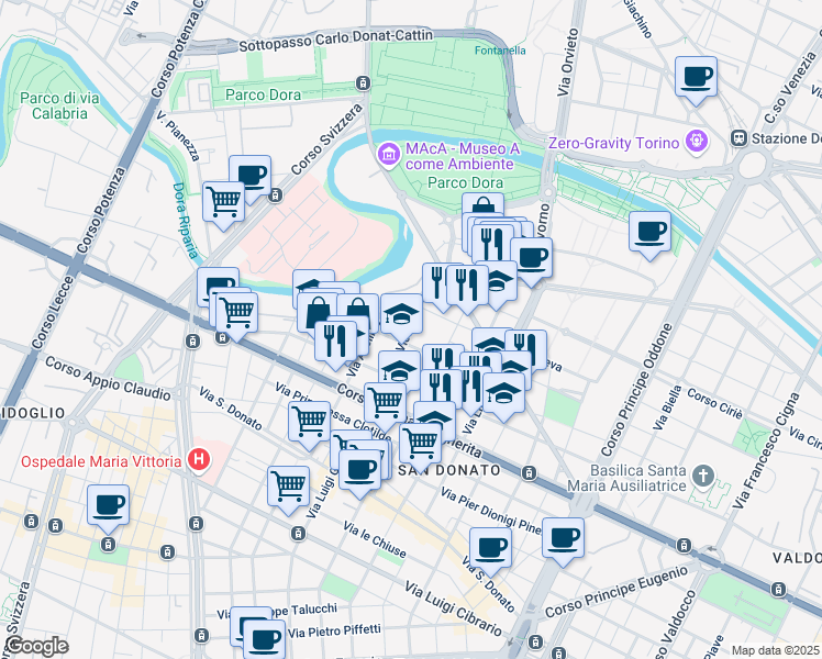 map of restaurants, bars, coffee shops, grocery stores, and more near 24 Via Vicenza in Turin