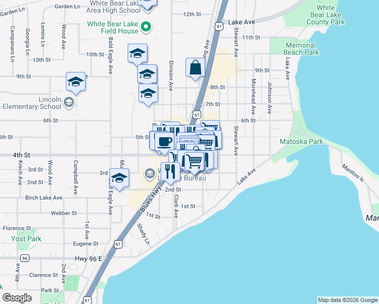 map of restaurants, bars, coffee shops, grocery stores, and more near 2171 4th Street in White Bear Lake