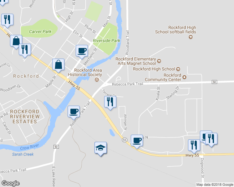 map of restaurants, bars, coffee shops, grocery stores, and more near 6041 Terrace Circle in Rockford