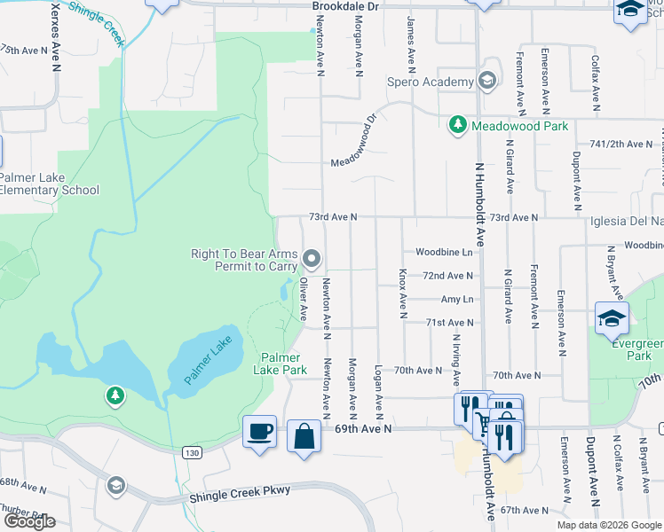 map of restaurants, bars, coffee shops, grocery stores, and more near 7200 Newton Avenue North in Minneapolis
