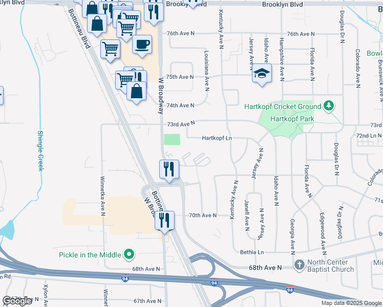 map of restaurants, bars, coffee shops, grocery stores, and more near 7354 72nd Lane North in Brooklyn Park