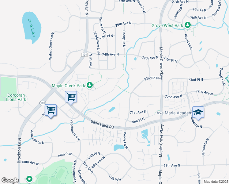 map of restaurants, bars, coffee shops, grocery stores, and more near 18021 72nd Avenue North in Maple Grove