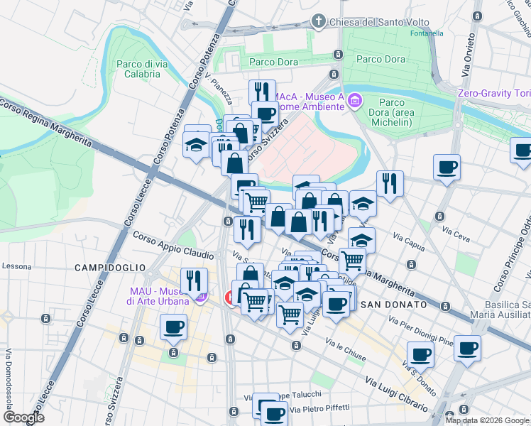 map of restaurants, bars, coffee shops, grocery stores, and more near 98 Via Don Bosco in Torino