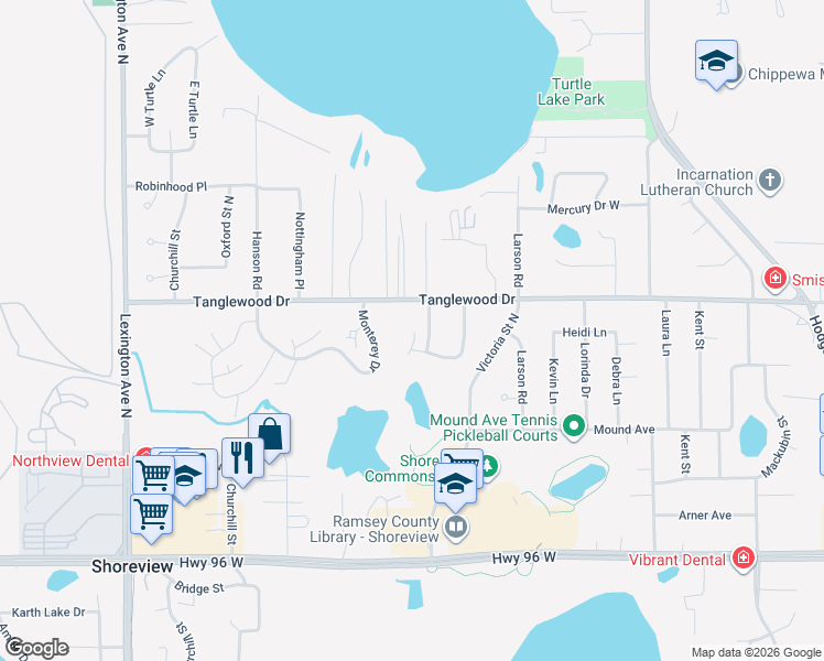 map of restaurants, bars, coffee shops, grocery stores, and more near 847 Martha Lake Court in Shoreview
