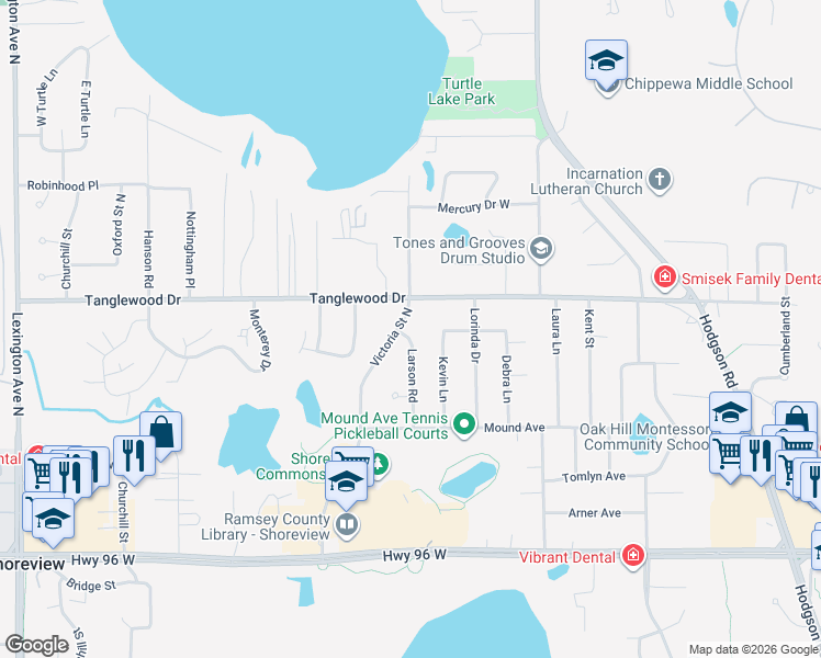 map of restaurants, bars, coffee shops, grocery stores, and more near 4770 Victoria Street North in Shoreview
