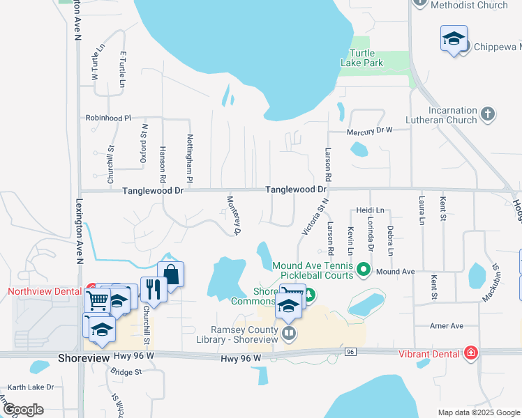 map of restaurants, bars, coffee shops, grocery stores, and more near 847 Martha Lake Court in Shoreview