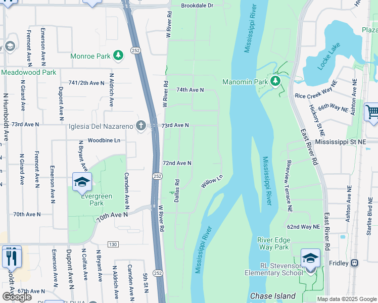 map of restaurants, bars, coffee shops, grocery stores, and more near 7211 Riverdale Road in Minneapolis