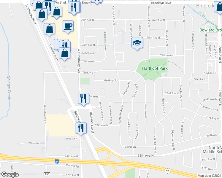 map of restaurants, bars, coffee shops, grocery stores, and more near 7125 Kentucky Avenue North in Minneapolis
