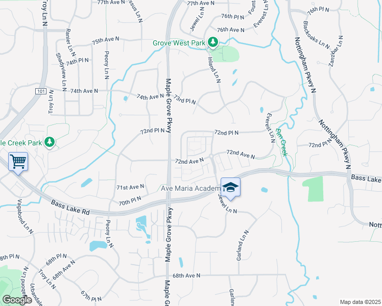 map of restaurants, bars, coffee shops, grocery stores, and more near 17288 72nd Avenue North in Maple Grove