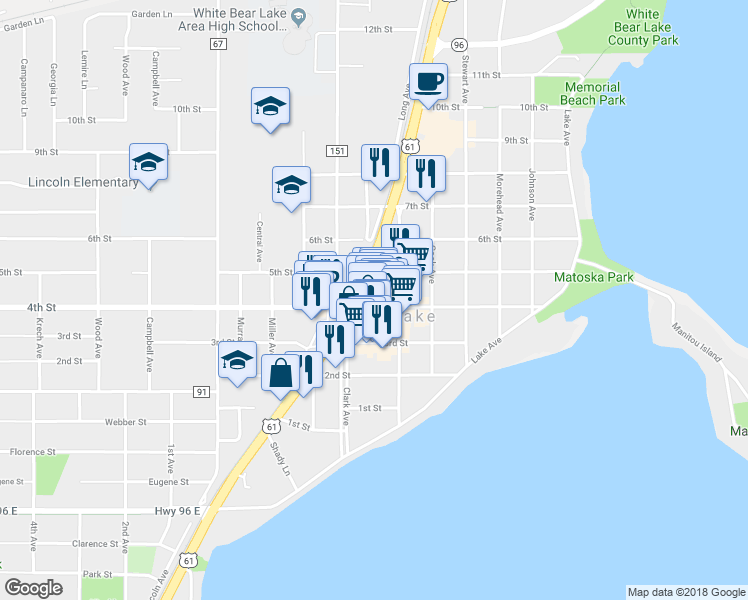 map of restaurants, bars, coffee shops, grocery stores, and more near 2171 4th Street in White Bear Lake