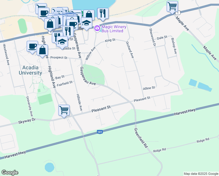 map of restaurants, bars, coffee shops, grocery stores, and more near 152 Gaspereau Avenue in Wolfville