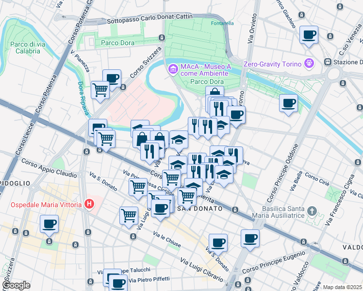 map of restaurants, bars, coffee shops, grocery stores, and more near 24 Via Vicenza in Turin