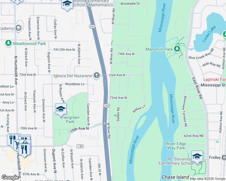 map of restaurants, bars, coffee shops, grocery stores, and more near 7206 West River Road in Minneapolis