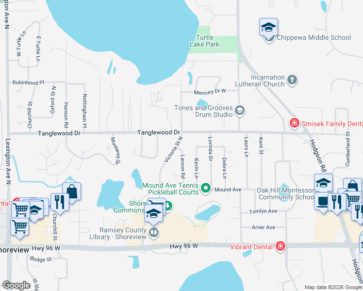 map of restaurants, bars, coffee shops, grocery stores, and more near 4770 Victoria Street North in Shoreview