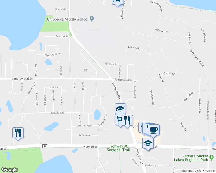 map of restaurants, bars, coffee shops, grocery stores, and more near 4785 Hodgson Road in Shoreview