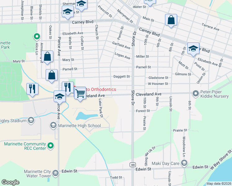 map of restaurants, bars, coffee shops, grocery stores, and more near 1130 Cleveland Avenue in Marinette