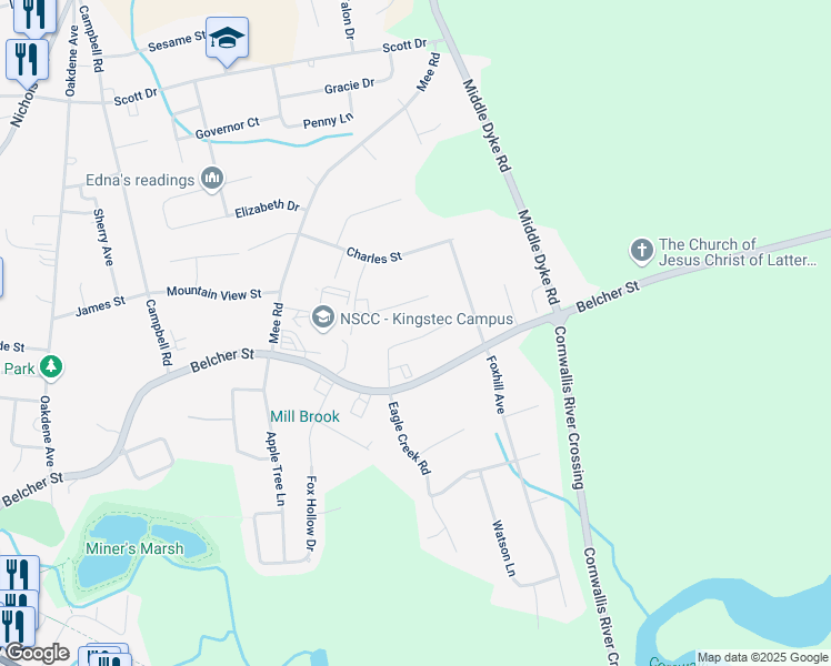 map of restaurants, bars, coffee shops, grocery stores, and more near 43 Mahone Place in Kentville
