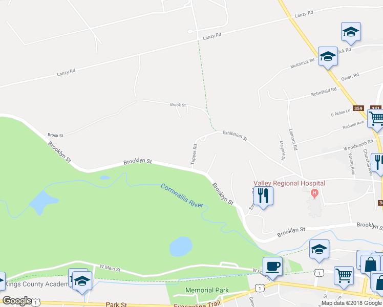 map of restaurants, bars, coffee shops, grocery stores, and more near 313 Tupper Road in Kentville
