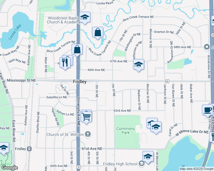 map of restaurants, bars, coffee shops, grocery stores, and more near 460 Mississippi Street Northeast in Fridley