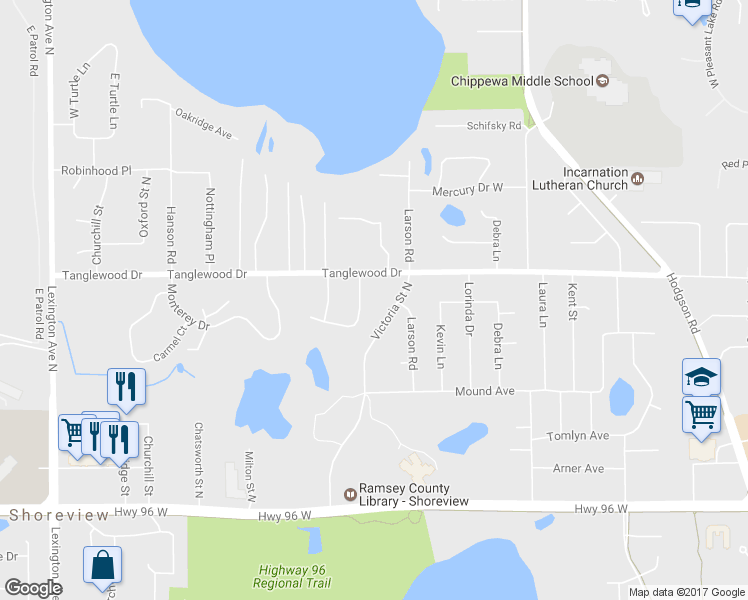 map of restaurants, bars, coffee shops, grocery stores, and more near 4784 Avon Street in Shoreview