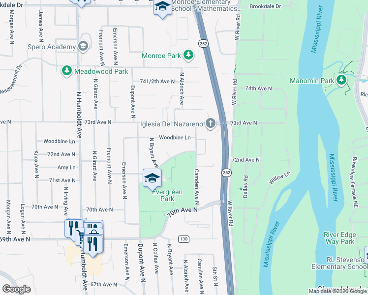 map of restaurants, bars, coffee shops, grocery stores, and more near 736 72nd Avenue North in Minneapolis
