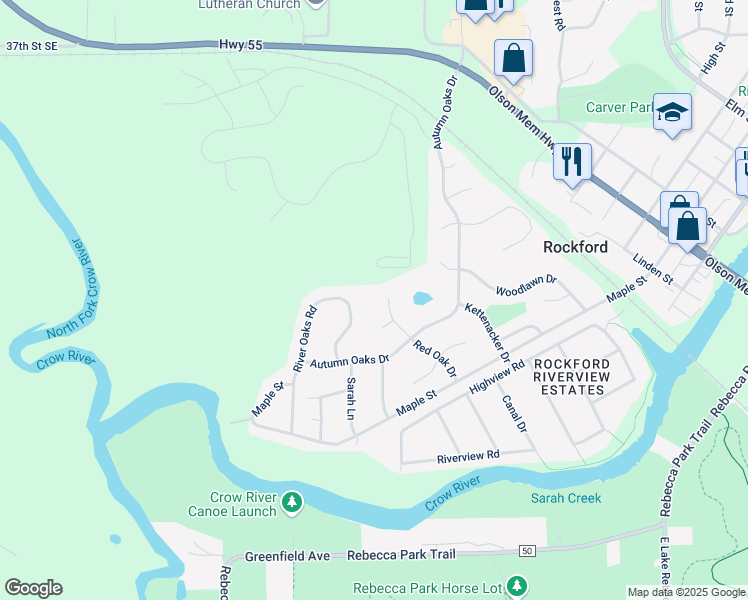map of restaurants, bars, coffee shops, grocery stores, and more near 6018 Red Oak Drive in Rockford