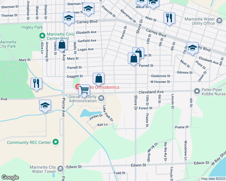 map of restaurants, bars, coffee shops, grocery stores, and more near 1921 Pernin Street in Marinette