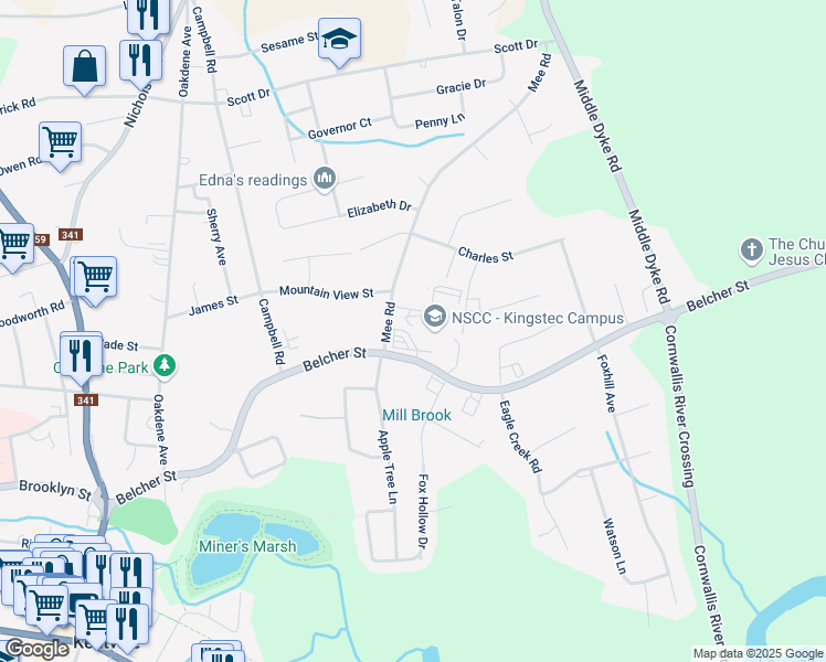 map of restaurants, bars, coffee shops, grocery stores, and more near 236 Belcher Street in Kentville