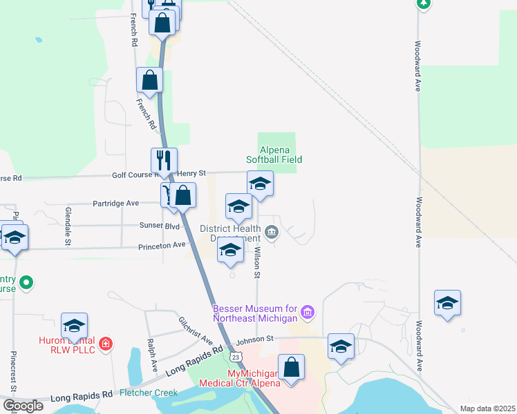 map of restaurants, bars, coffee shops, grocery stores, and more near 444 Wilson Street in Alpena