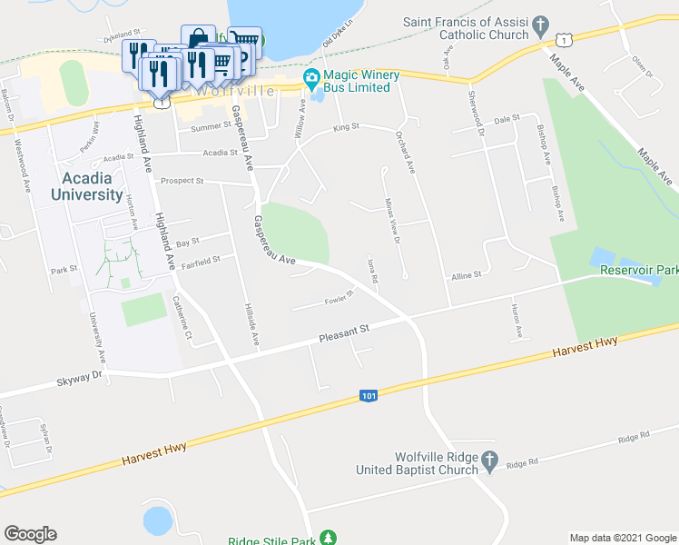 map of restaurants, bars, coffee shops, grocery stores, and more near 148 Gaspereau Avenue in Wolfville