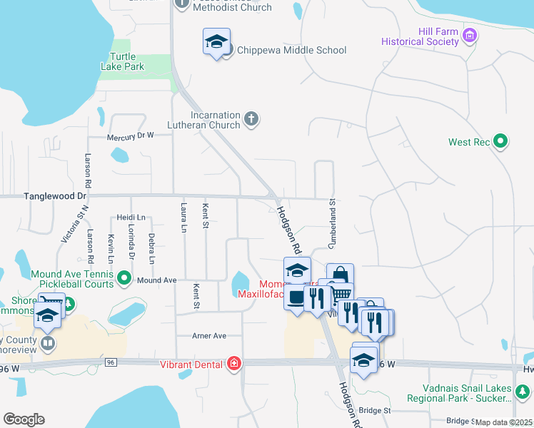 map of restaurants, bars, coffee shops, grocery stores, and more near 4785 Hodgson Road in Shoreview