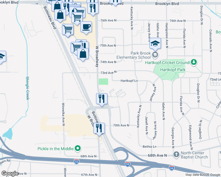 map of restaurants, bars, coffee shops, grocery stores, and more near 7354 72nd Lane North in Brooklyn Park