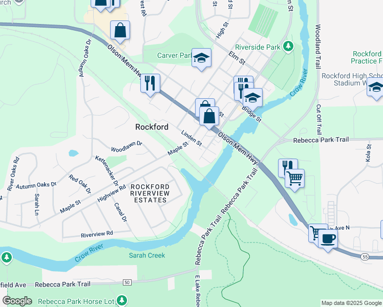 map of restaurants, bars, coffee shops, grocery stores, and more near 5721 Main Street in Rockford