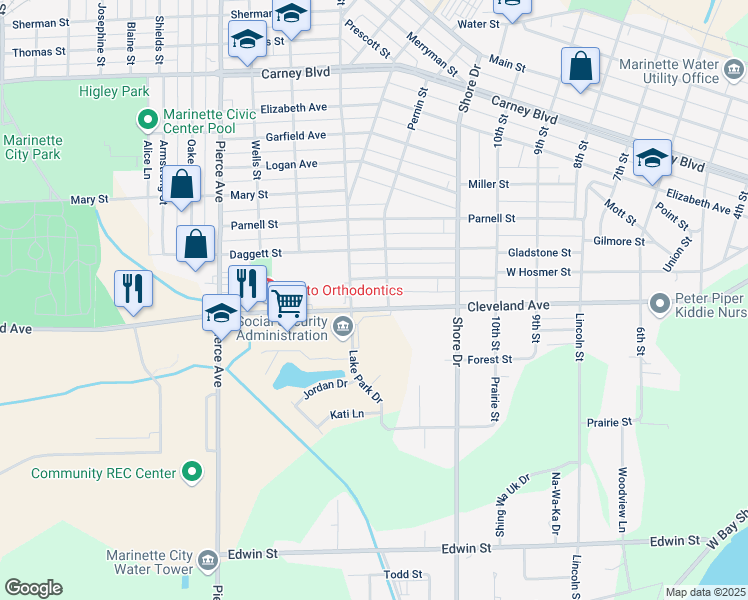 map of restaurants, bars, coffee shops, grocery stores, and more near 1921 Pernin Street in Marinette