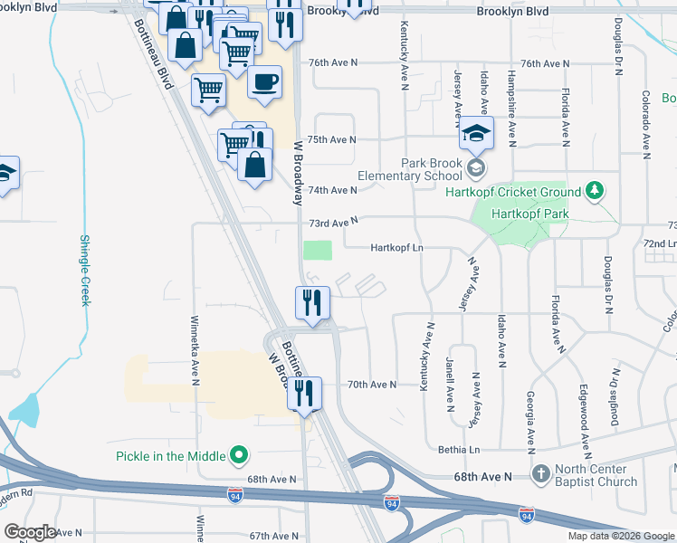 map of restaurants, bars, coffee shops, grocery stores, and more near 7354 72nd Lane North in Brooklyn Park