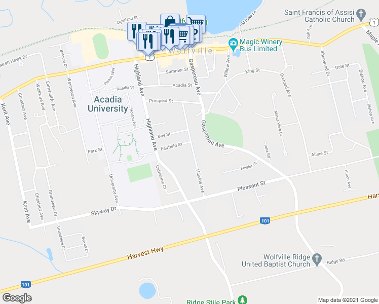 map of restaurants, bars, coffee shops, grocery stores, and more near 28 Hillside Avenue in Wolfville