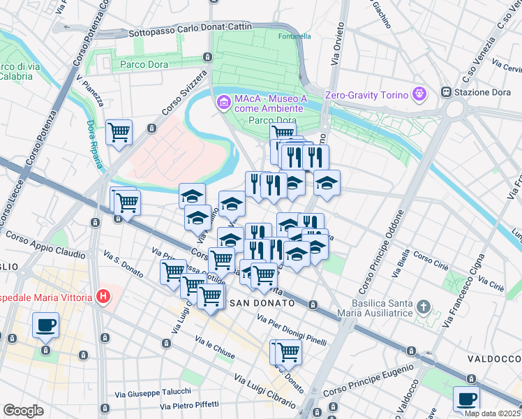map of restaurants, bars, coffee shops, grocery stores, and more near 30 Via Aquila in Turin