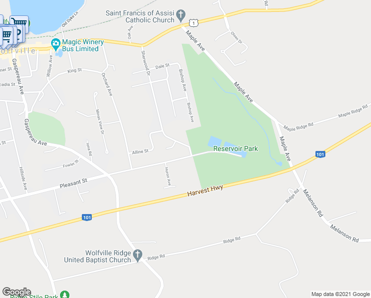 map of restaurants, bars, coffee shops, grocery stores, and more near 100 Sherwood Drive in Wolfville