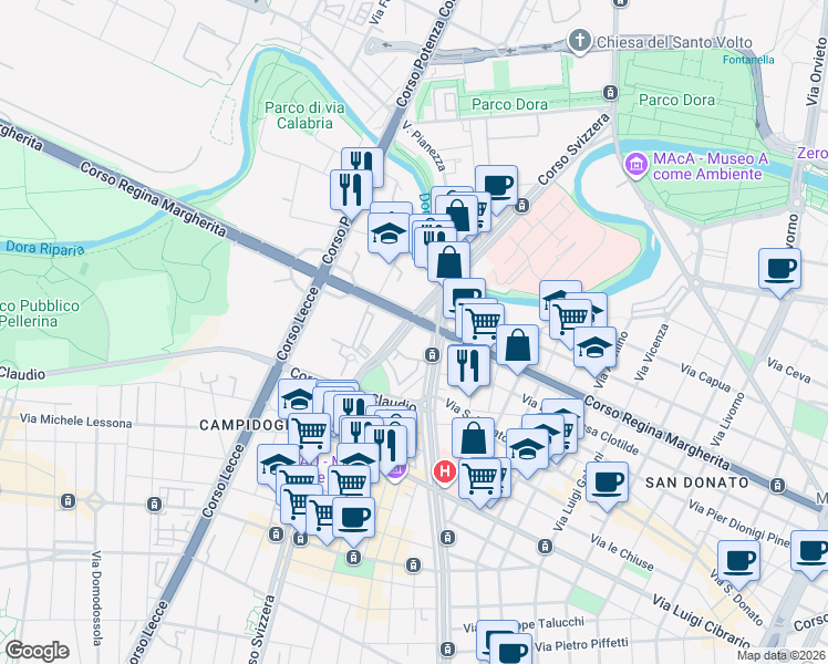 map of restaurants, bars, coffee shops, grocery stores, and more near 112 Corso Svizzera in Torino