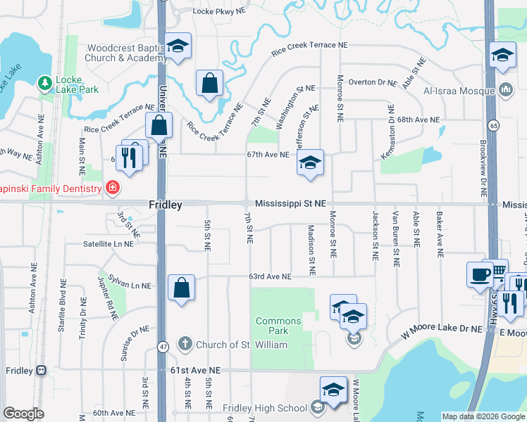 map of restaurants, bars, coffee shops, grocery stores, and more near 6461 7th Street Northeast in Fridley