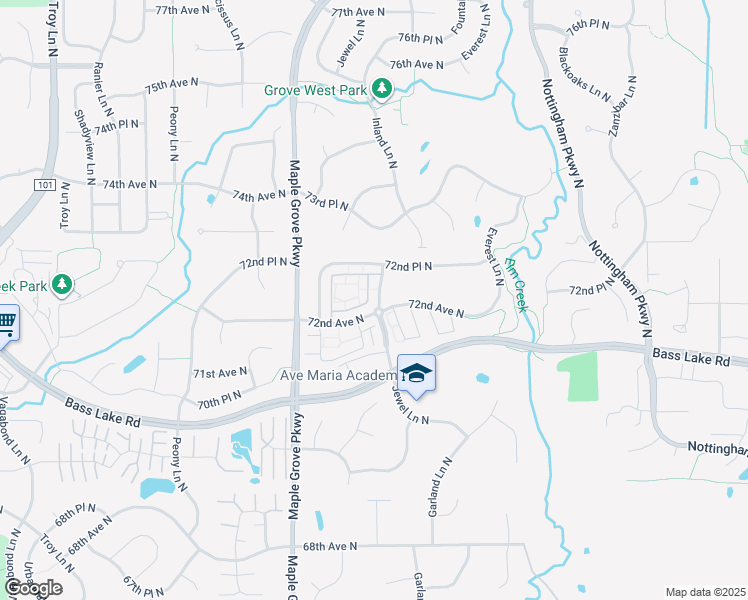 map of restaurants, bars, coffee shops, grocery stores, and more near 17183 72nd Avenue North in Osseo