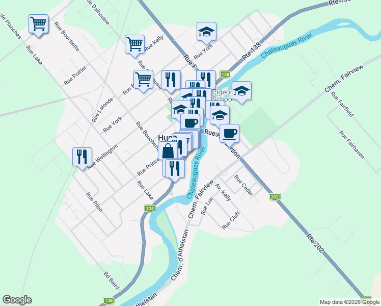map of restaurants, bars, coffee shops, grocery stores, and more near 105 Rue Châteauguay in Huntingdon