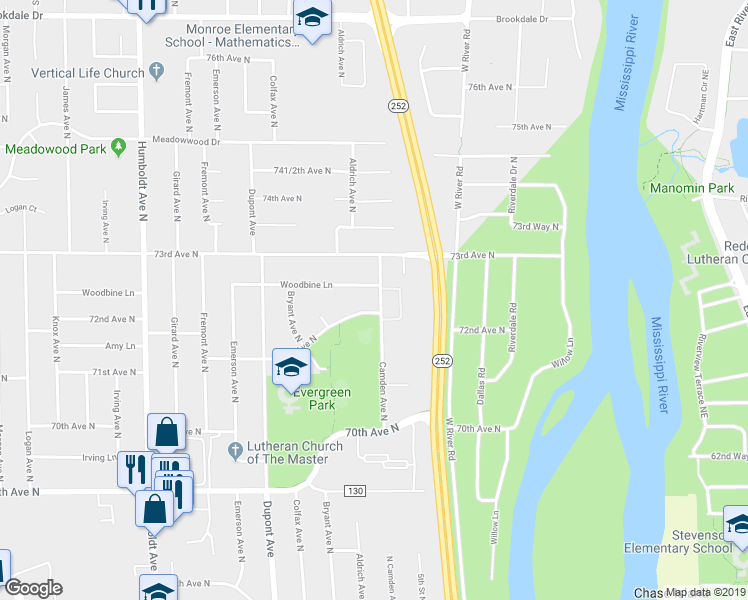 map of restaurants, bars, coffee shops, grocery stores, and more near 7217 Camden Avenue North in Minneapolis