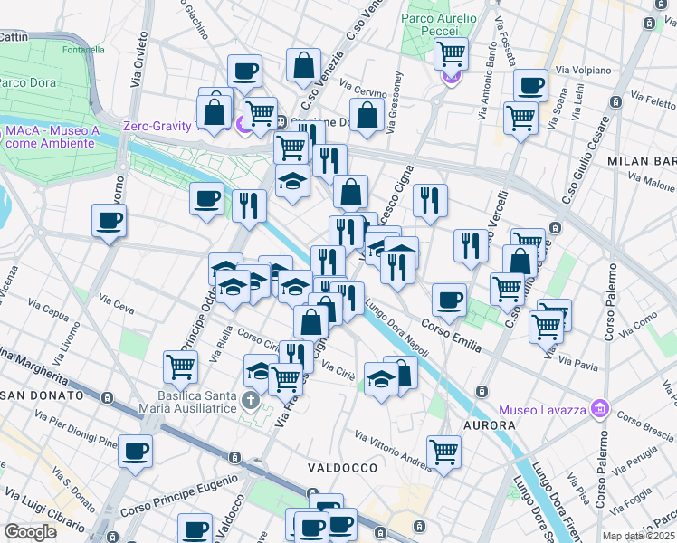 map of restaurants, bars, coffee shops, grocery stores, and more near 56 Lungo Dora Napoli in Torino