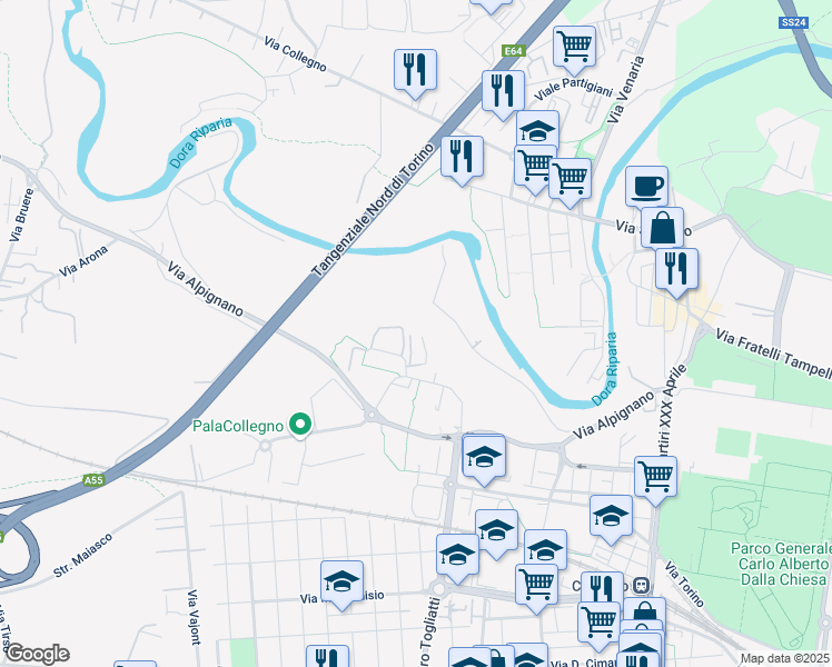 map of restaurants, bars, coffee shops, grocery stores, and more near 4 Via Romeo Meinardi in Collegno