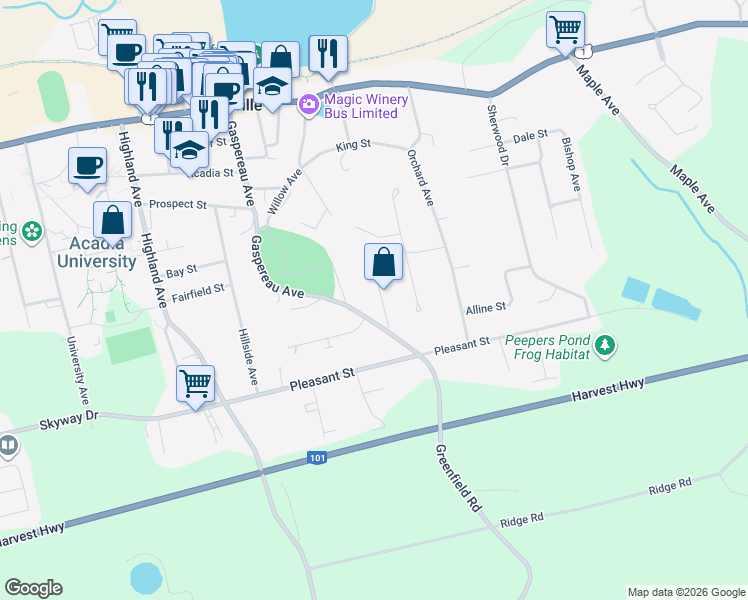 map of restaurants, bars, coffee shops, grocery stores, and more near 8 Iona Road in Wolfville