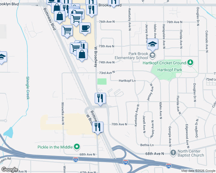 map of restaurants, bars, coffee shops, grocery stores, and more near 7354 72nd Lane North in Brooklyn Park